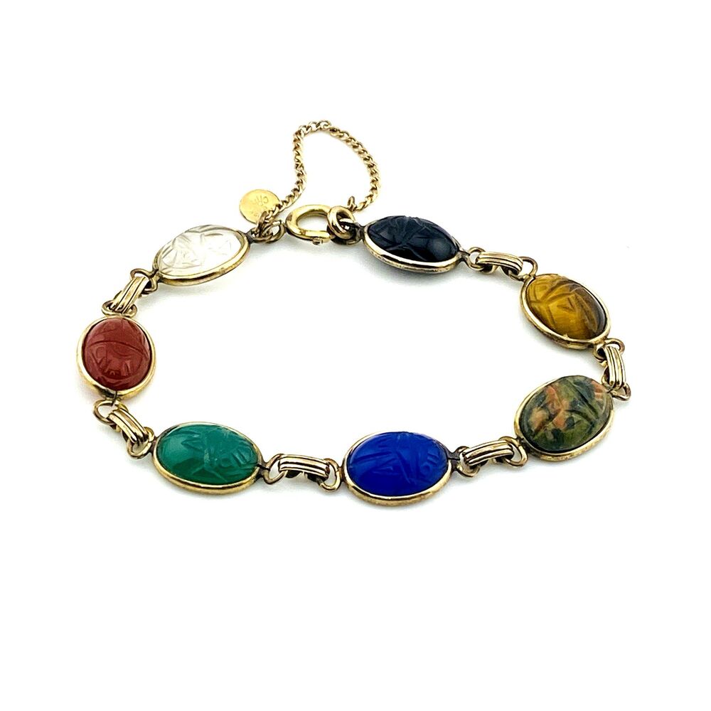 Vintage 15 MM Scarab Bracelet 12K Gold Filled Carved Stone Gemstones Signd CR Co